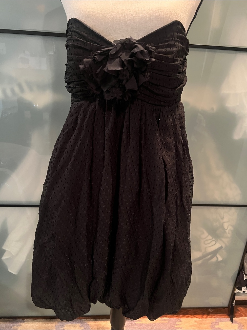 Black Strapless Bubble Hem Dress with Floral Bust Detail